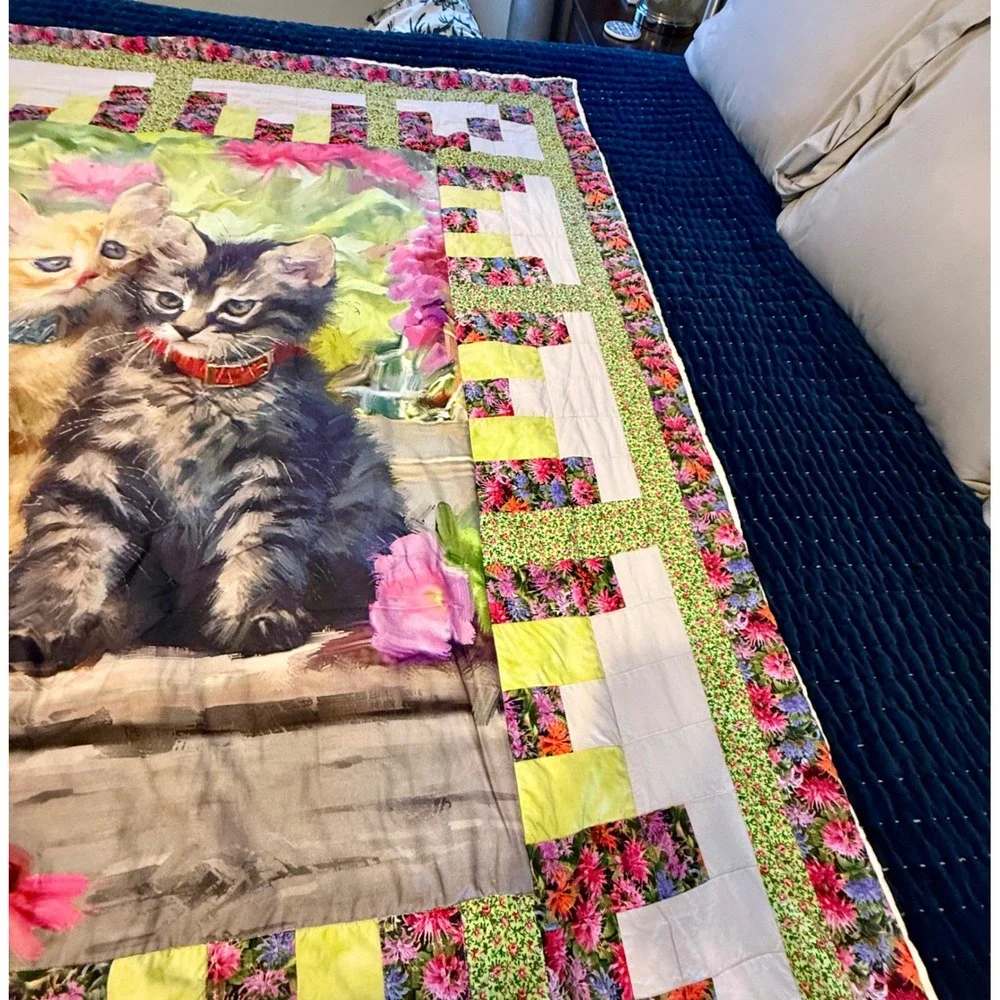 Quilt Two Adorable Kittens Pink Flowers Log Cabin Design Cozy Blanket 64